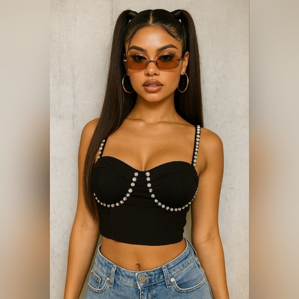 Haute Monde Cropped Bustier Top L Rhinestones Bling Festival Sexy